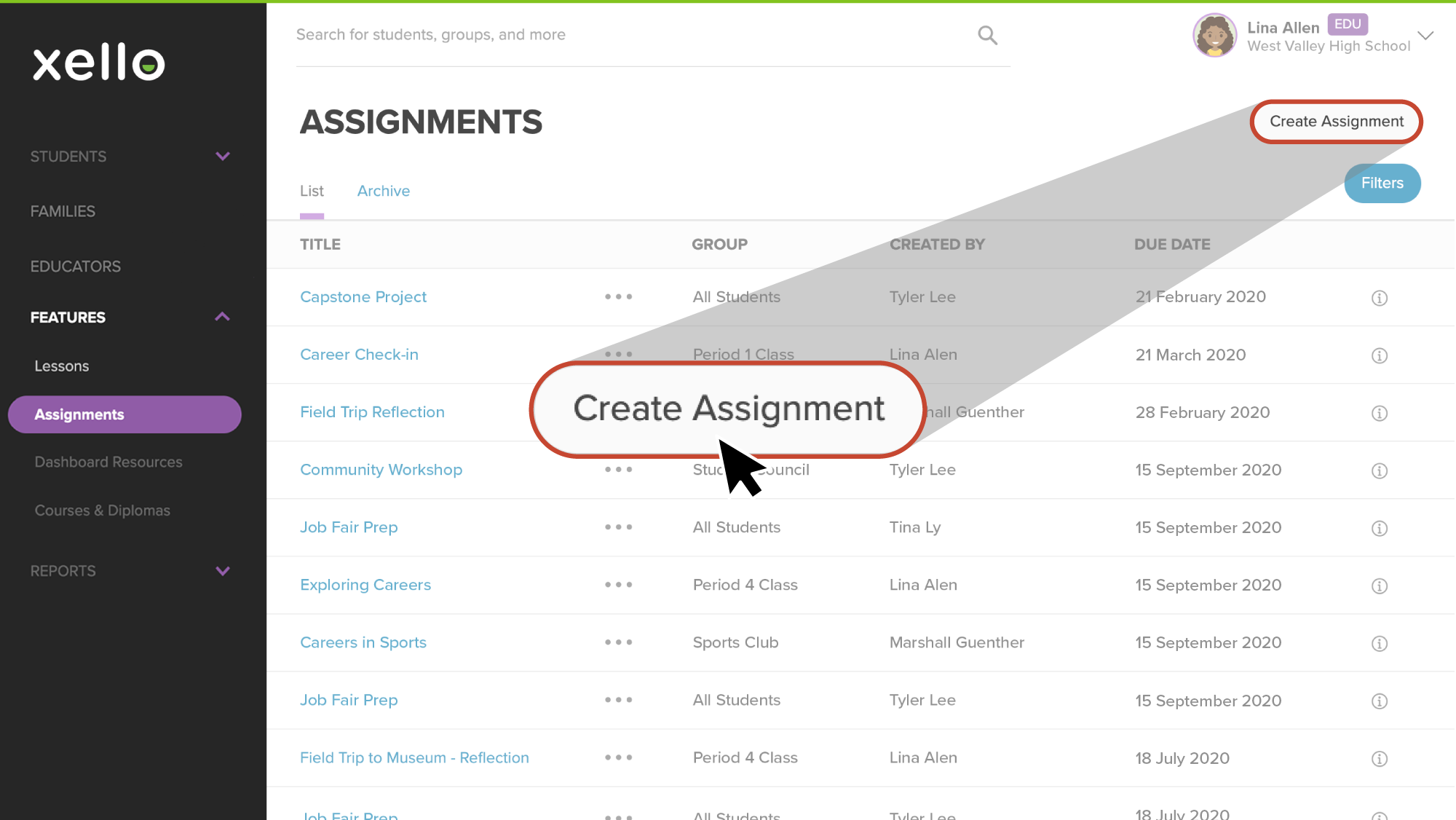 Assignments page in Xello. A list of assignments. Create Assignment button is highlighted and a cursor is hovering over it